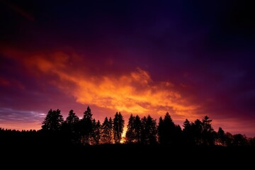 Dramatic Red Sunset Behind the Silhouette of a Dense Autumn Forest Horizon