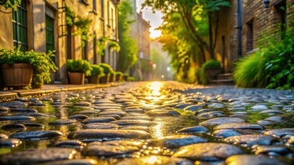 Golden Hour Glow on a Cobblestone Lane Sunlit Water Reflects on a Wet, Historic Street with Lush Greenery