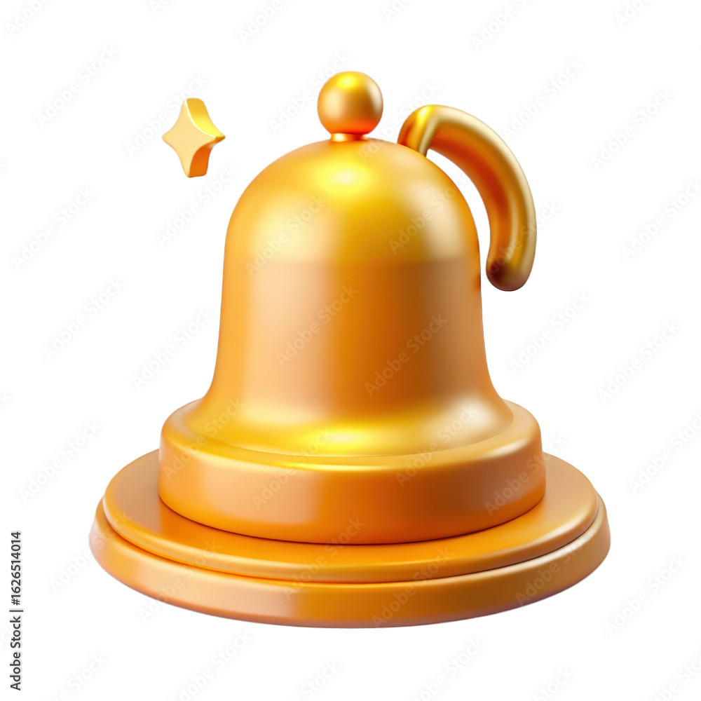 Poster golden notification bell and floating star emblem representing internet communication isolated on ba