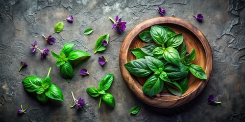 Aromatic Fresh Basil Leaves and Vibrant Purple Flowers Arranged on a Dark Textured Surface