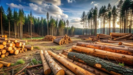 Golden Hour Lumber Harvest  Sunlit Coniferous Forest Showing Stacks of Newly Harvested Logs After Forestry Operations