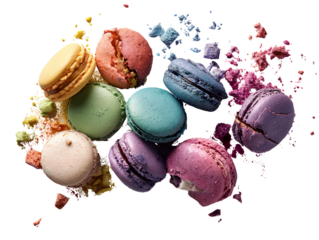 Overhead View of Scattered Macarons in Mixed Colors with Crumbs, Artistic Layout, Isolated on Transparent Background