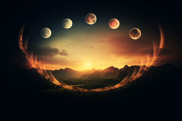 A surreal planetary alignment glowing over mountains at sunset, depicting space, cosmic mystery, and celestial balance.