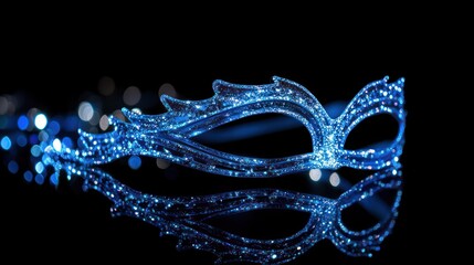 Blue Glitter Venetian Mask Reflecting on Black Background