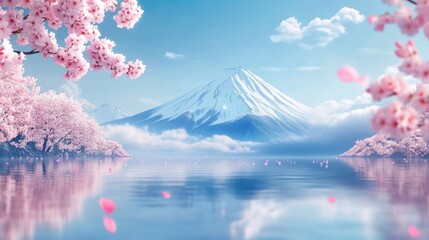 Serene Lake Landscape with Cherry Blossoms and Mountain
