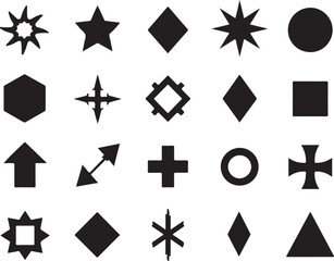 Collection of Black Geometric Shapes and Symbols on a White Background