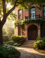 Fototapeta premium An elegant residential house with a large porch and lush garden, featuring a brick facade and warm morning sunlight