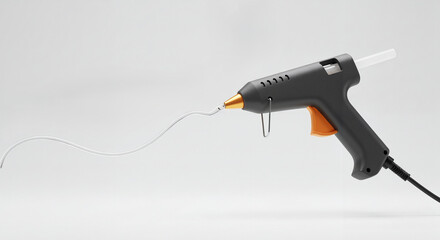 Side view of black glue gun with orange trigger and glue stick, essential tool for crafting and DIY projects