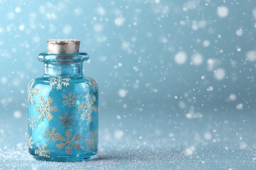 Winter Medicine Bottle with Snowflakes on Light Blue Background. MZ 