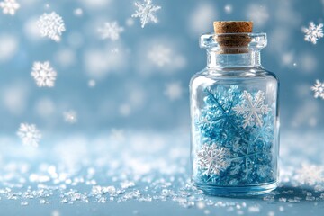 Winter Medicine Bottle with Snowflakes on Light Blue Background. MZ 