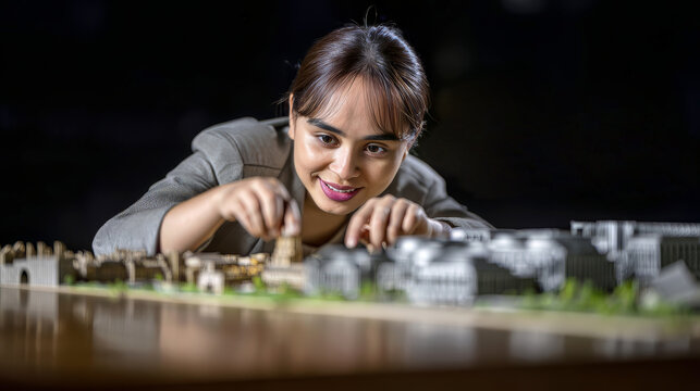 A southeast asian female young architect carefully places structures on a scale city model. Realistic texture and atmospheric lighting. Every element is planned with focus and architectural intent.