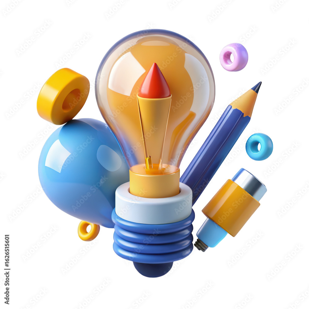 Poster creative idea generation with light bulb pencil and abstract shapes in 3d rendering a symbol of insp