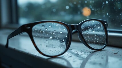 Rainy day mood: Close-up of glasses with raindrops on a window sill - Powered by Adobe
