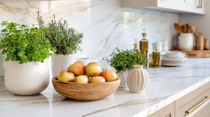 Fresh apples and herbs in decorative pots on a modern marble kitchen countertop with dining items in the background