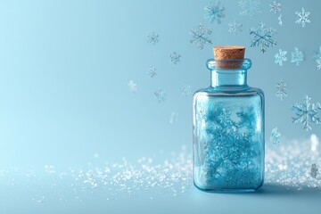 Winter Medicine Bottle with Snowflakes on Light Blue Background. MZ 