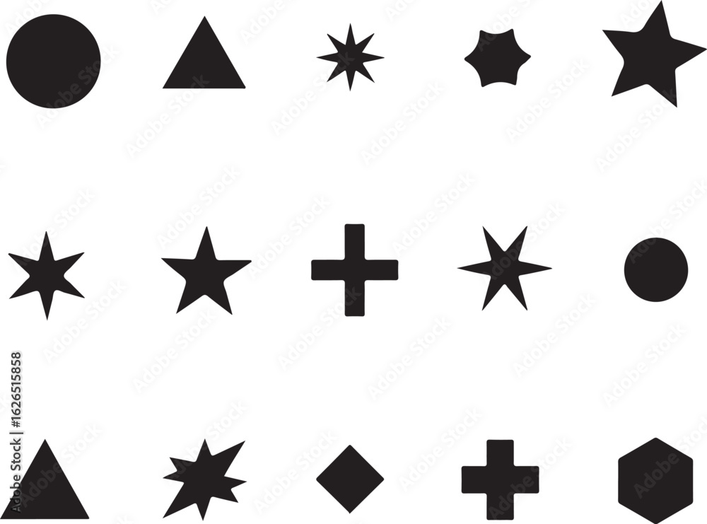Poster black geometric shapes arranged on a white background in a grid pattern