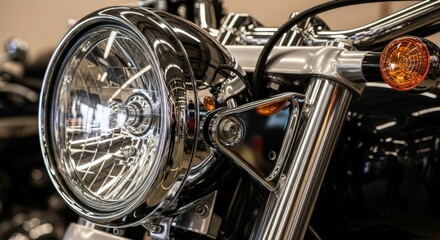 Close up of the classic chrome headlight and turn signal on a vintage cruiser motorcycle