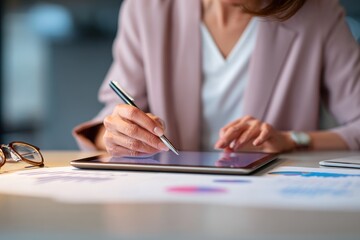 Woman Analyzing Data Using Tablet and Pen for Business Strategy. MZ 