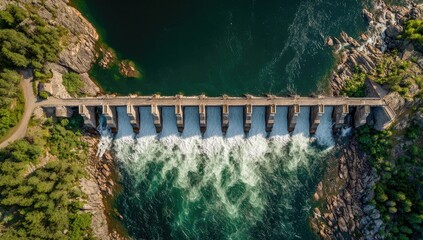 High-angle view of a dam, water flowing