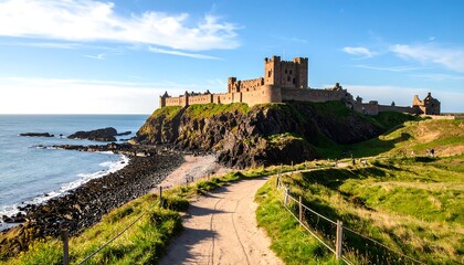 Coastal castle on a clifftop.  Sunny day