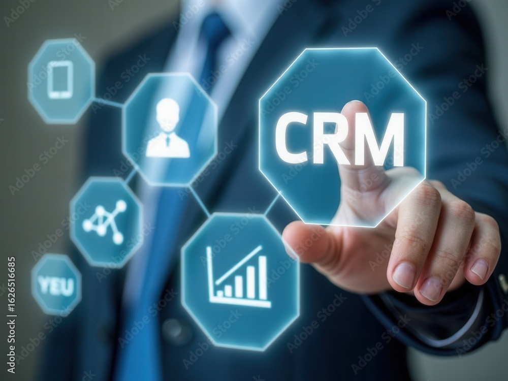 Poster crm system for customer relationship management. a person interacts with crm interface icons for sup
