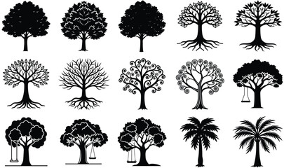 Collection of Diverse Stylized Tree Silhouettes with Intricate Branching Patterns and Root Systems