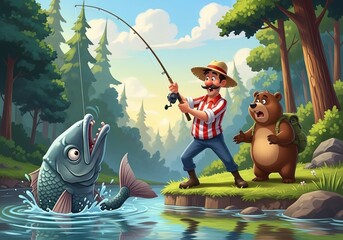 Funny cartoon illustration of a fisherman catching a big fish with a surprised bear watching