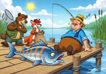 Cartoon bear and fox stealing a large fish from a sleeping fisherman on a sunny pier