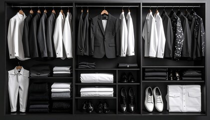 Organized Men's Wardrobe Displaying Suits, Shirts, Shoes, and Accessories in Black and White