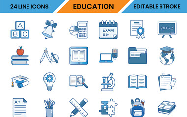 Set of 24 Editable Stroke Line Icons for Education – School Supplies, Learning Tools, Online Classes, and Academic Elements in Blue Outline Style
