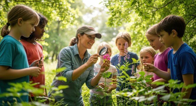 A group of children and a woman in a forest, examining plants with a magnifying glass.
