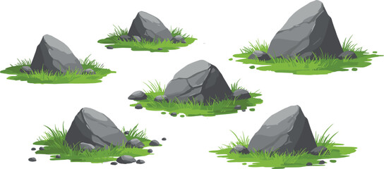 Cartoon rock, grass patch, stone terrain, nature scene, rocky ground, landscape element, decorative boulders, outdoor nature, grassy field, 2D illustration asset © Lotus