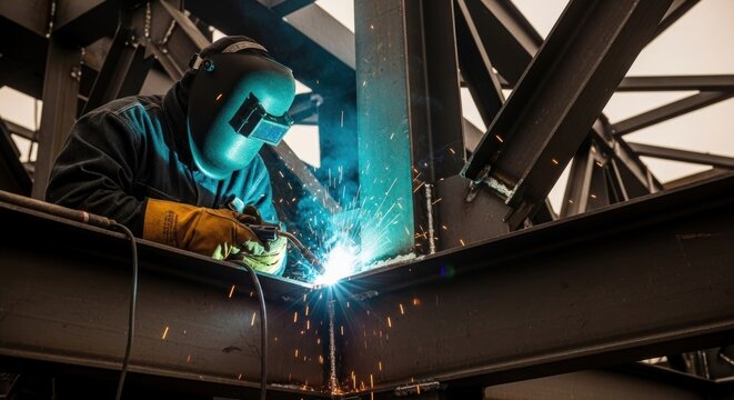 A welder working on a steel structure with sparks flying.