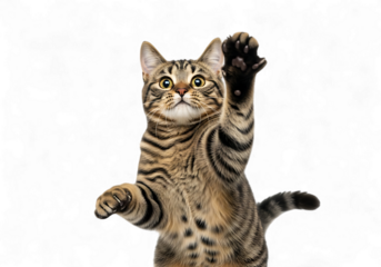 Illustration of playful tabby kitten reaching up, isolated on transparent background