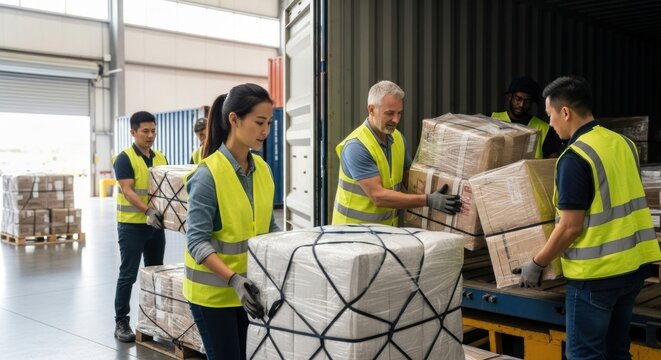 A group of workers in high-visibility vests loading boxes onto a conveyor belt in a warehouse.