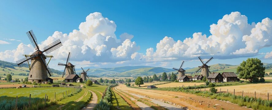 A picturesque farmland scene featuring traditional windmills, green fields, and rolling hills under a bright blue sky with fluffy white clouds