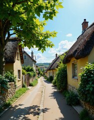 A quaint village street lined with thatchedroof houses, featuring narrow paths flanked by greenery and trees, creating a serene and picturesque rural scene