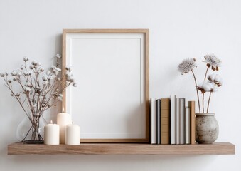 Light-toned wooden shelf with blank frame and dried flowers