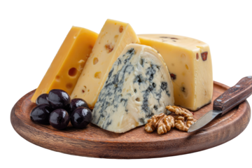 Assorted cheeses on a wooden board with olives and walnuts