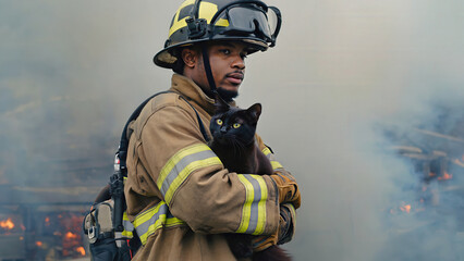 Fototapeta premium Brave firefighter rescues black cat from smoky building