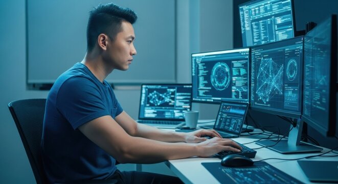 A young man working at a desk with multiple computer monitors and a laptop. - Powered by Adobe