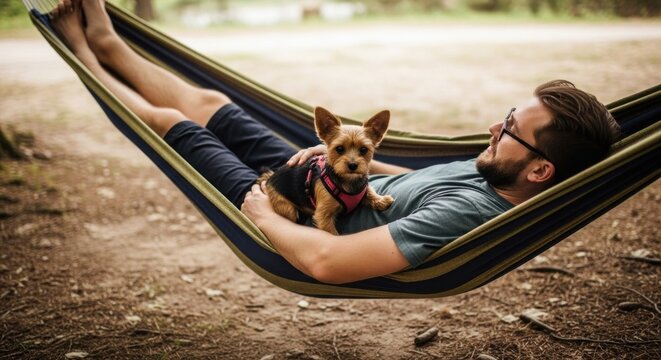 A man and a dog relaxing in a hammock in a natural setting.