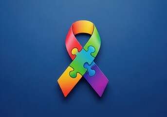 Multicolor Puzzle Ribbon Representing Autism Spectrum on Deep Blue Background. World Autism Awareness Day