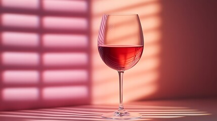 Rosé wine in glass with soft pink shadows from window blinds. Aesthetic minimalist setup with gentle light. Modern wine moment. National Drink Wine Day