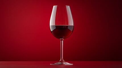Elegant glass of red wine with rich reflections on deep red background. Sophisticated and minimal monochrome drink composition. National Drink Wine Day celebration