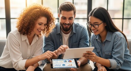 Three people sitting on a couch, discussing a digital tablet with graphs and charts.