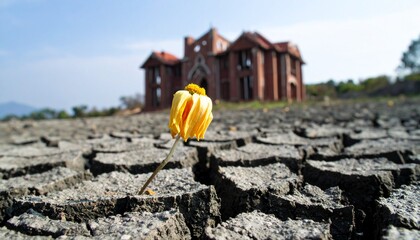Yellow Flower in Cracked Dry Earth, Drought and Resilience Concept