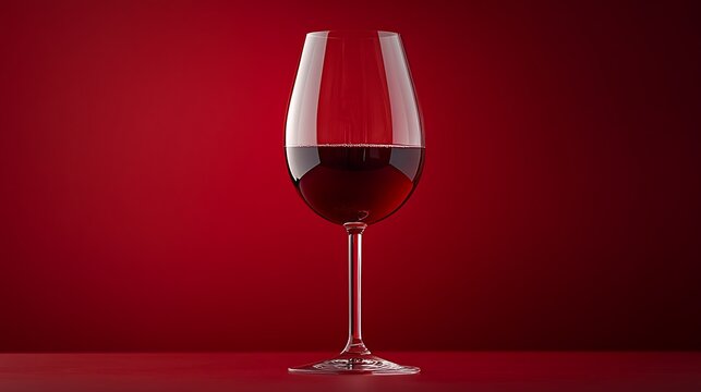 Elegant glass of red wine with rich reflections on deep red background. Sophisticated and minimal monochrome drink composition. National Drink Wine Day celebration