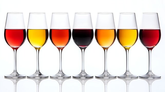 Seven wine glasses in row filled with red, orange and white wine with studio lighting and white background. Wine tasting and variety. National Drink Wine Day - Powered by Adobe