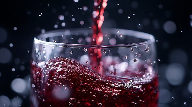 Red wine splashing into glass with sparkling bokeh on dark background. Dynamic close-up of beverage pouring. Festive and energetic. National Drink Wine Day - Powered by Adobe